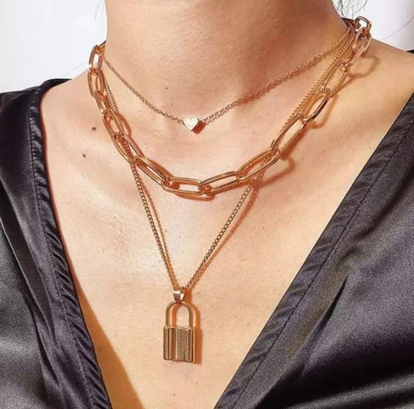 stylish-necklaces-multi-layer-lover-lock-necklace-for-girls-women-golden - 1